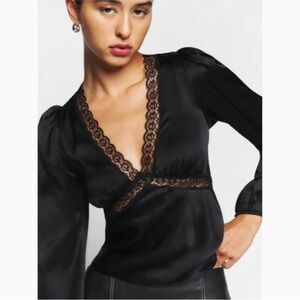 Reformation Caitlin Silk Top in Black Long Sleeves Lace